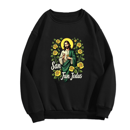 San Judas Tadeo Yellow Roses Religious Graphic Black Crewneck Sweatshirt