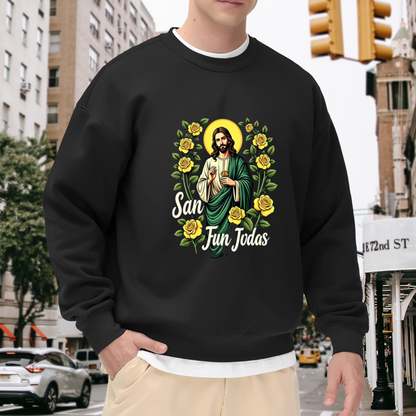 San Judas Tadeo Yellow Roses Religious Graphic Black Crewneck Sweatshirt