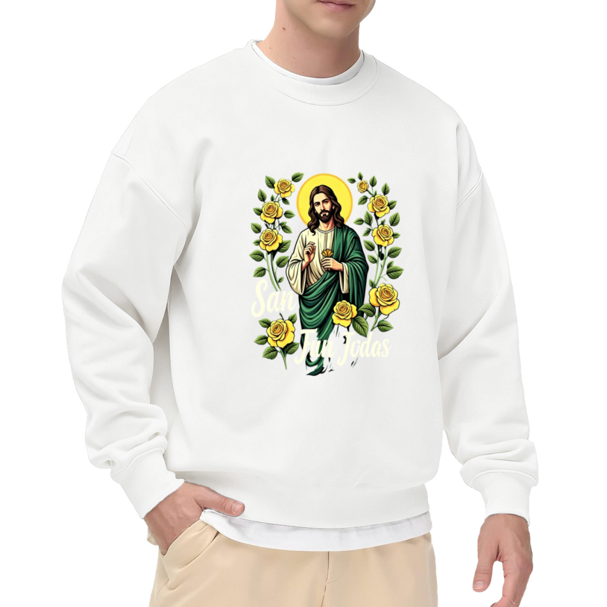 San Judas Tadeo Yellow Roses Religious Graphic Black Crewneck Sweatshirt
