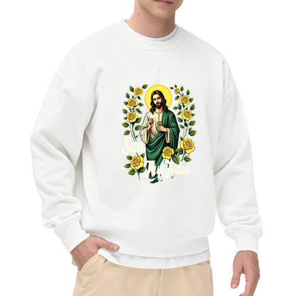 San Judas Tadeo Yellow Roses Religious Graphic Black Crewneck Sweatshirt
