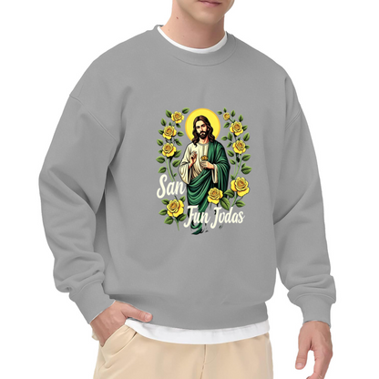 San Judas Tadeo Yellow Roses Religious Graphic Black Crewneck Sweatshirt
