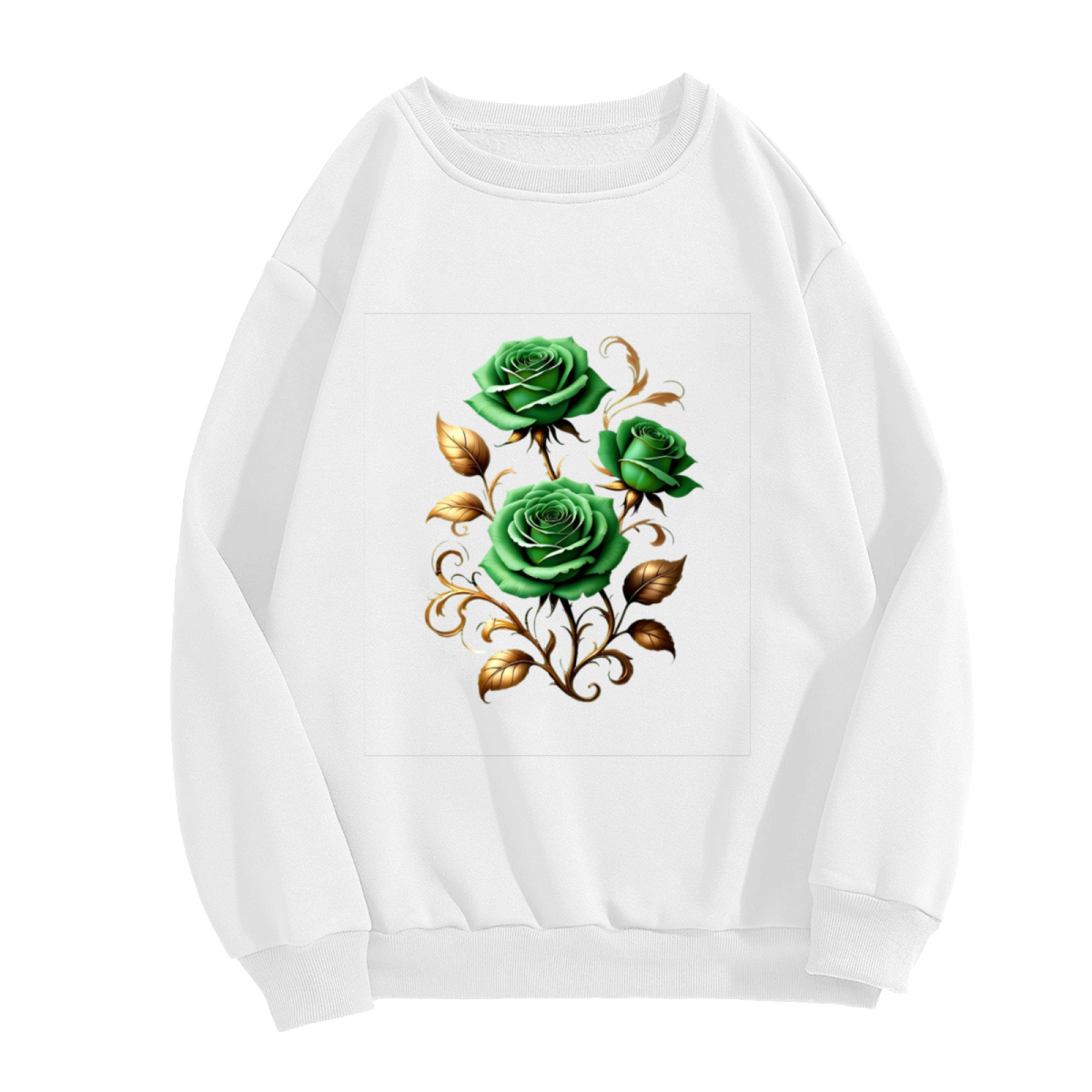 Gilded Green Rose Art Pattern Casual Crewneck Sweatshirt