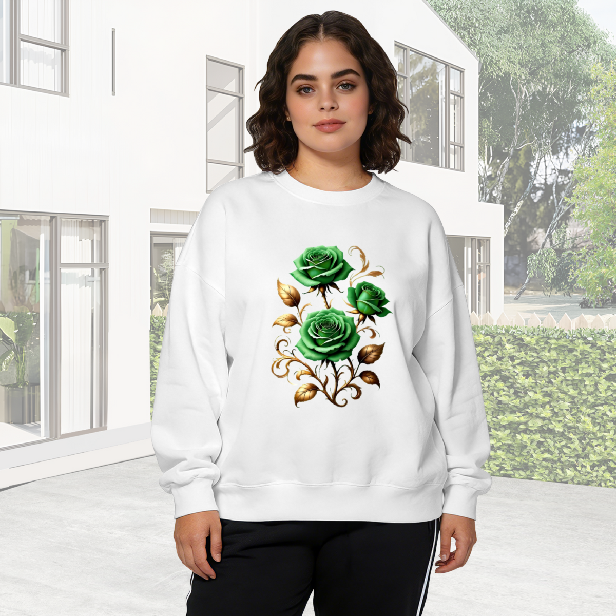 Gilded Green Rose Art Pattern Casual Crewneck Sweatshirt
