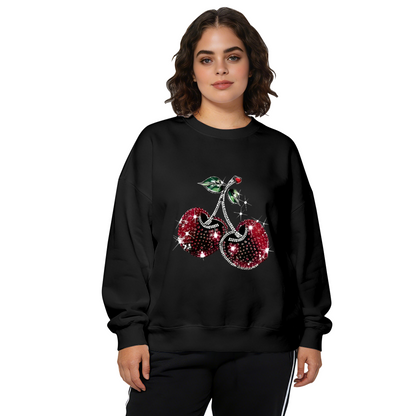 Sparkling Rhinestone Cherry Bling Trendy Crewneck Sweatshirt