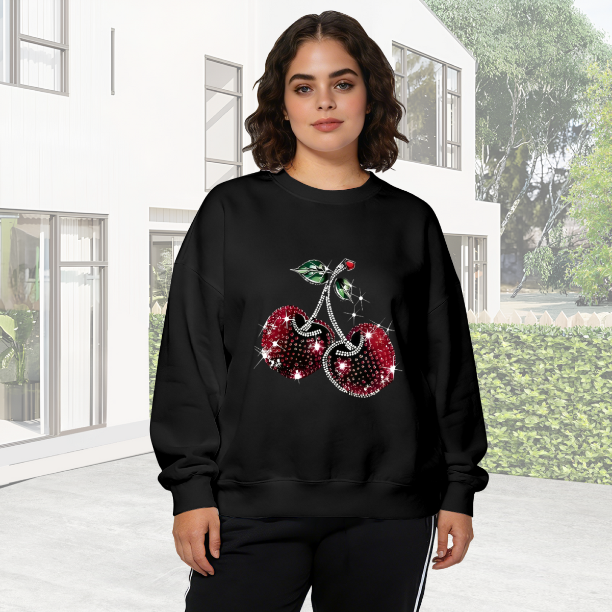Sparkling Rhinestone Cherry Bling Trendy Crewneck Sweatshirt
