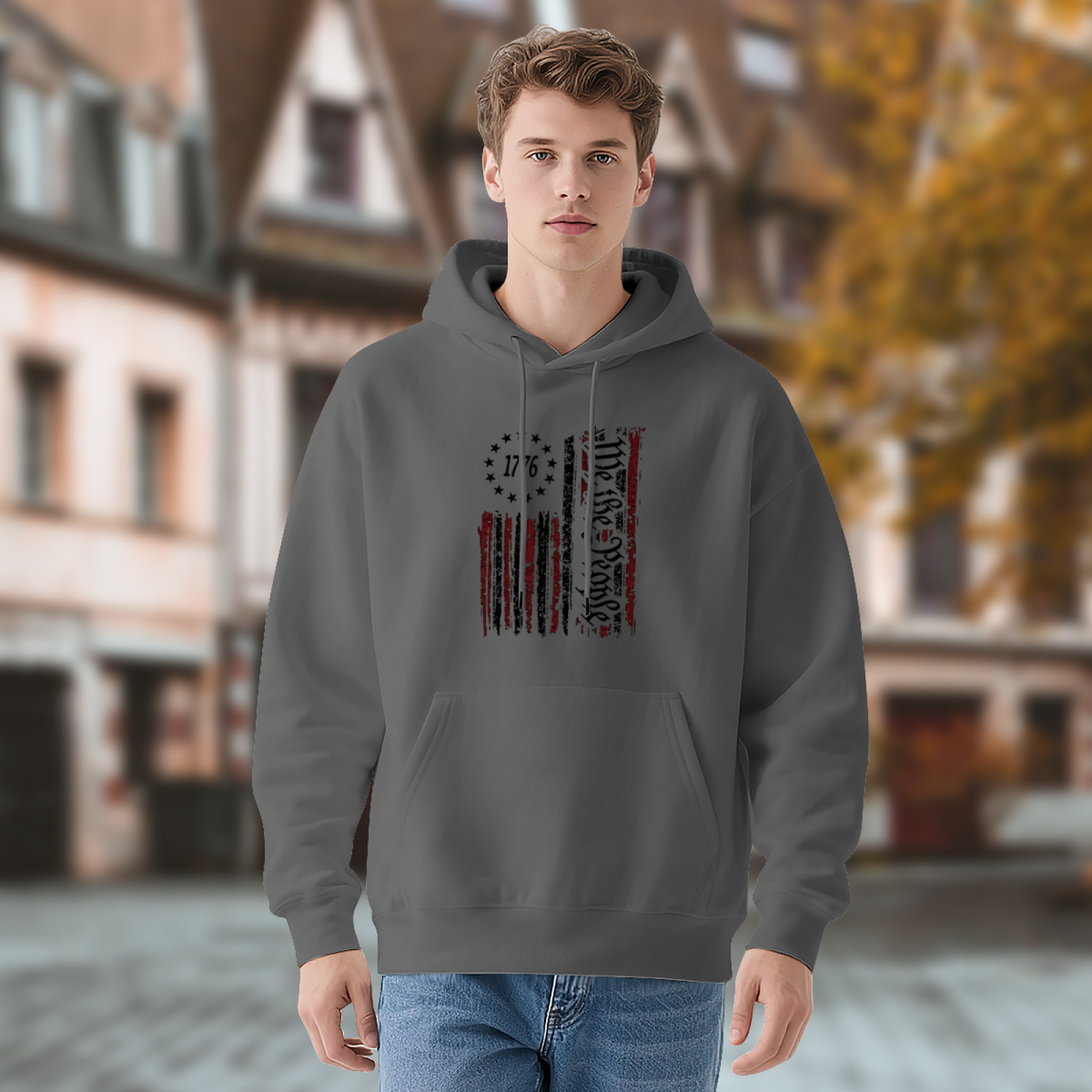 Distressed Vintage 1776 American Flag Graphic Hoodie