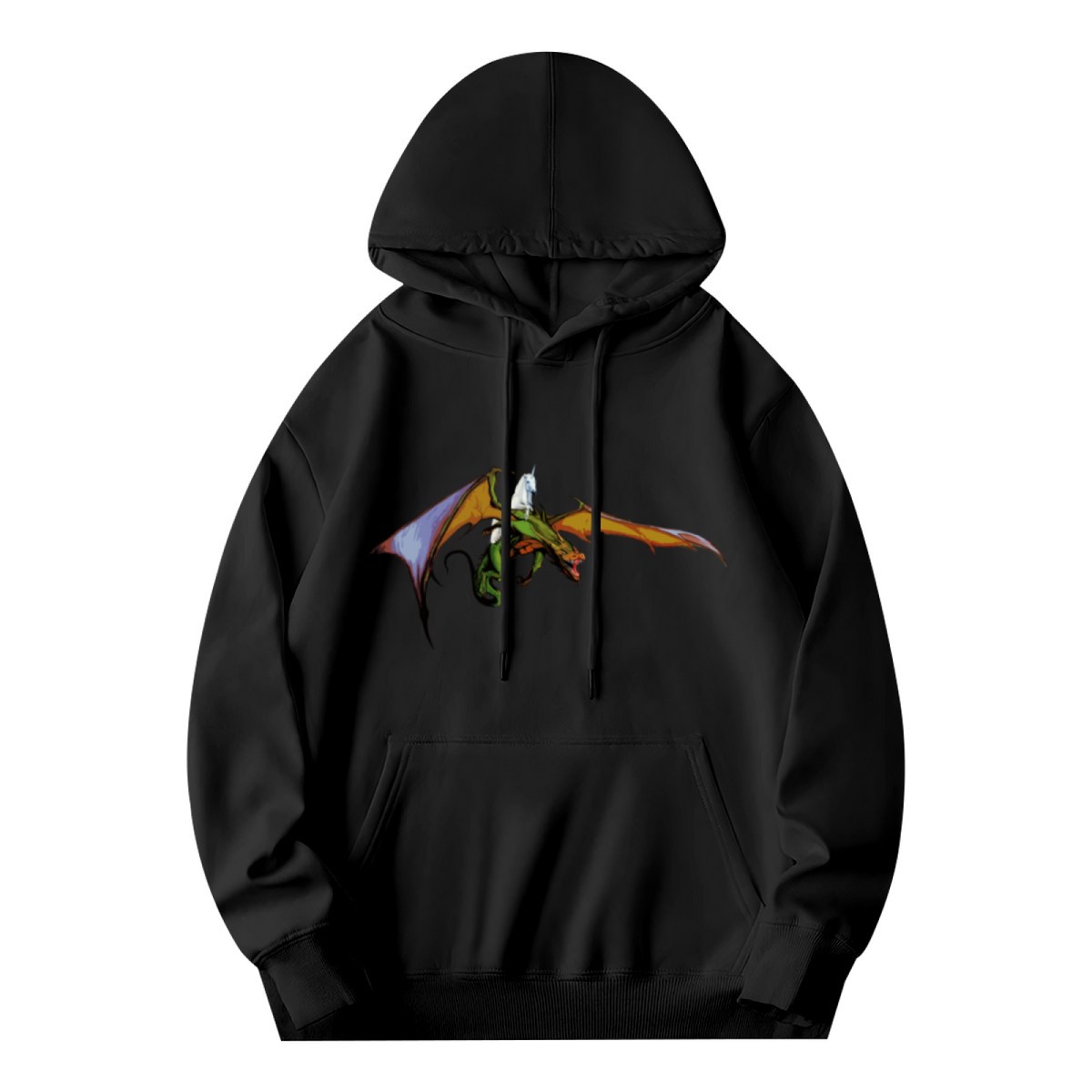 Dragon & Unicorn Fantasy Comfort Black Hoodie, Unique Graphic Pullover