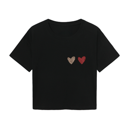 Leopard & Red Mini Hearts Minimal Black Crop Tee