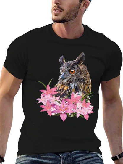 Owl & Lily Graphic T-Shirt - Unique Nature Design