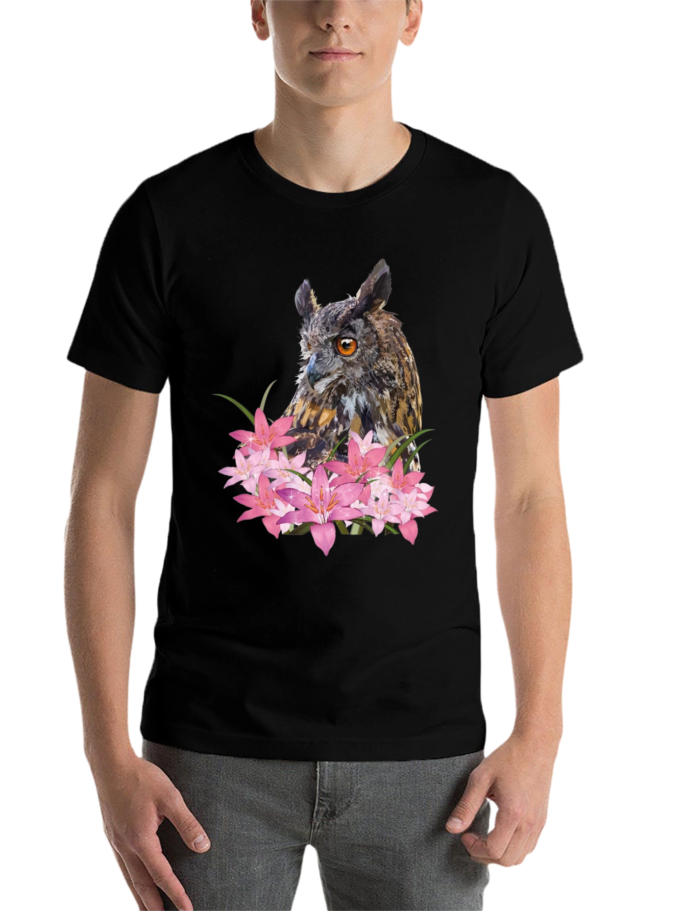 Owl & Lily Graphic T-Shirt - Unique Nature Design