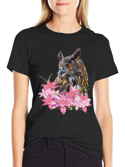 Owl & Lily Graphic T-Shirt - Unique Nature Design