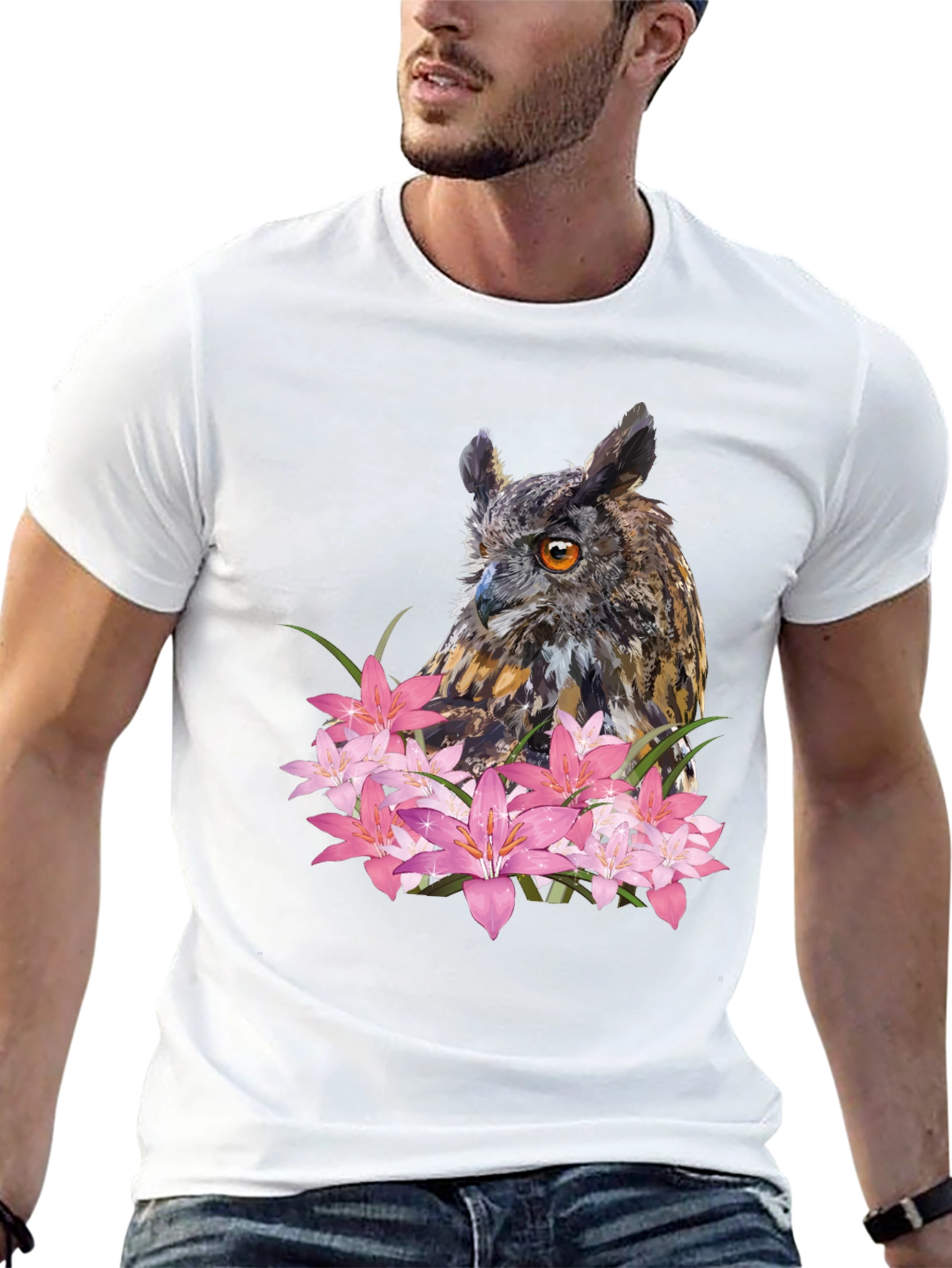 Owl & Lily Graphic T-Shirt - Unique Nature Design