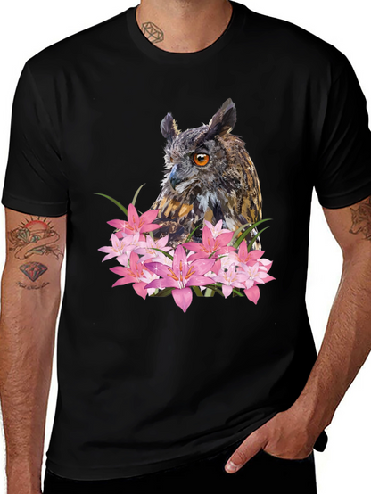 Owl & Lily Graphic T-Shirt - Unique Nature Design