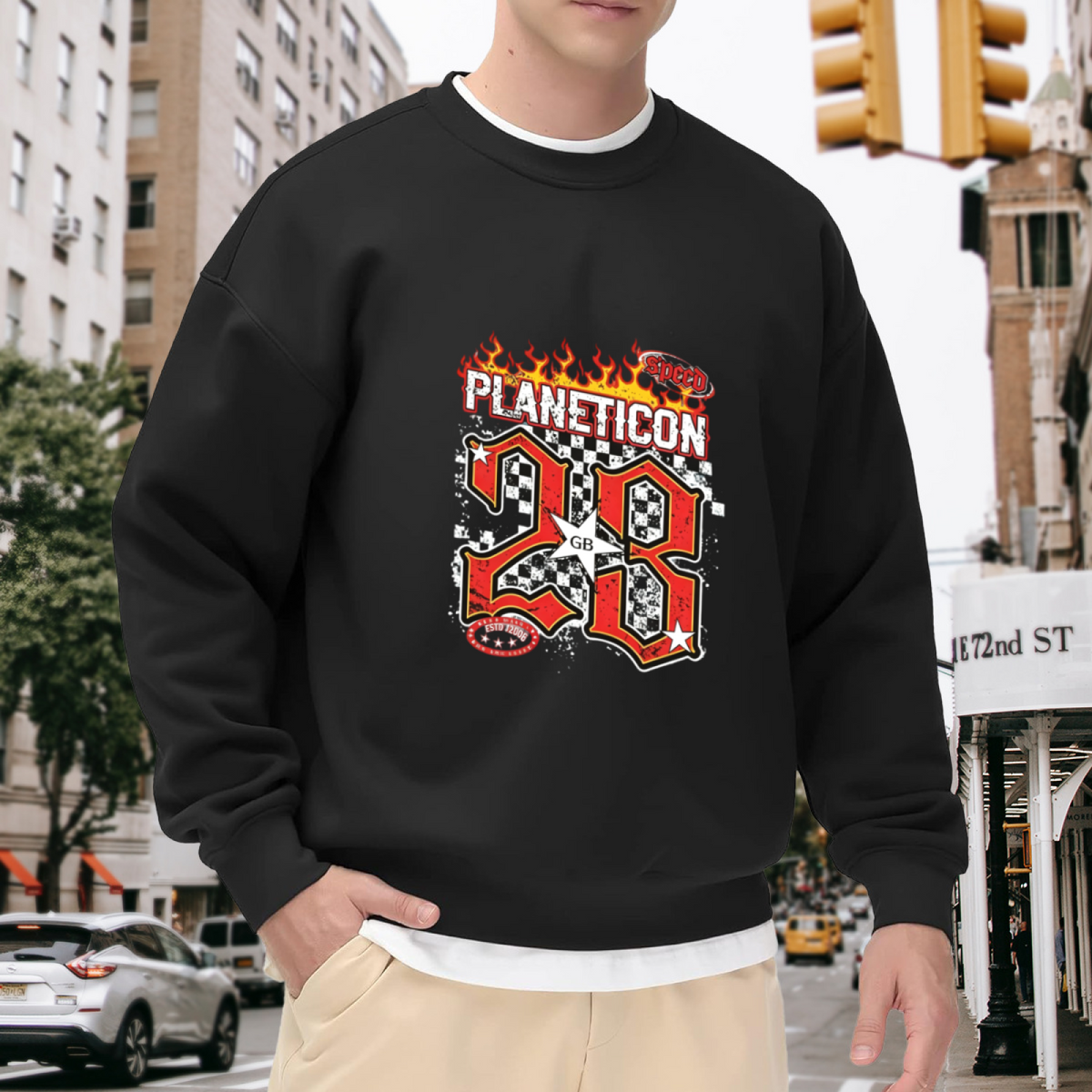 28 Flame Checkered Racing Retro Graphic Sweatshirt