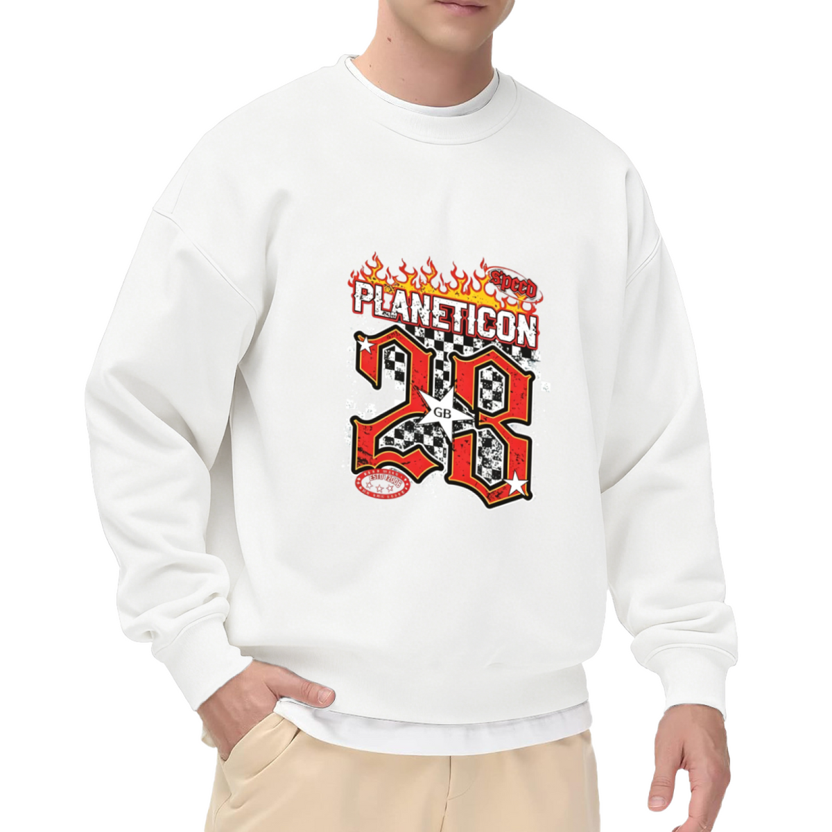 28 Flame Checkered Racing Retro Graphic Sweatshirt