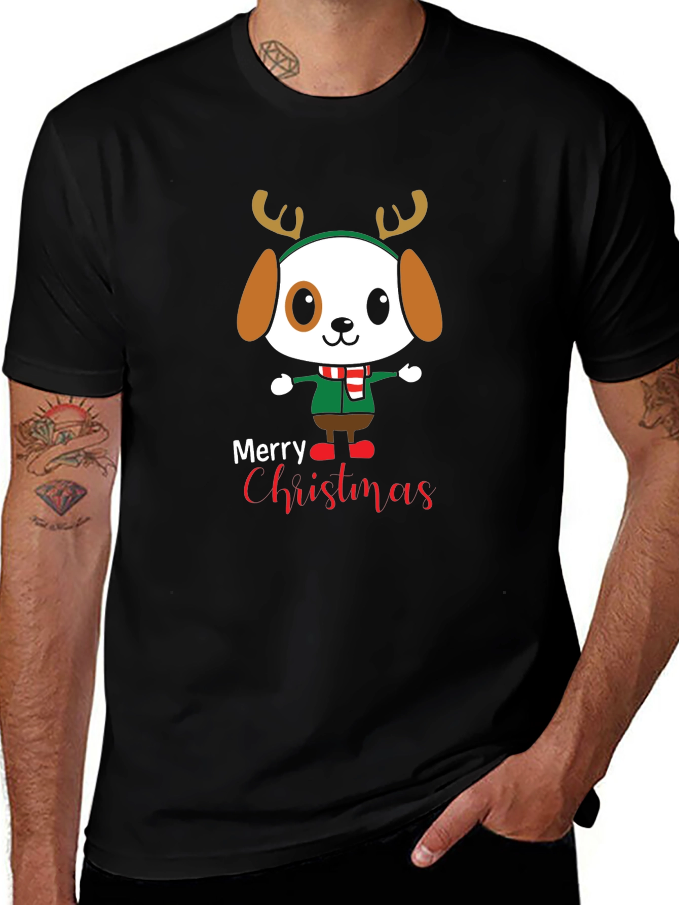 Cute Cartoon Dog Merry Christmas Graphic T-Shirt
