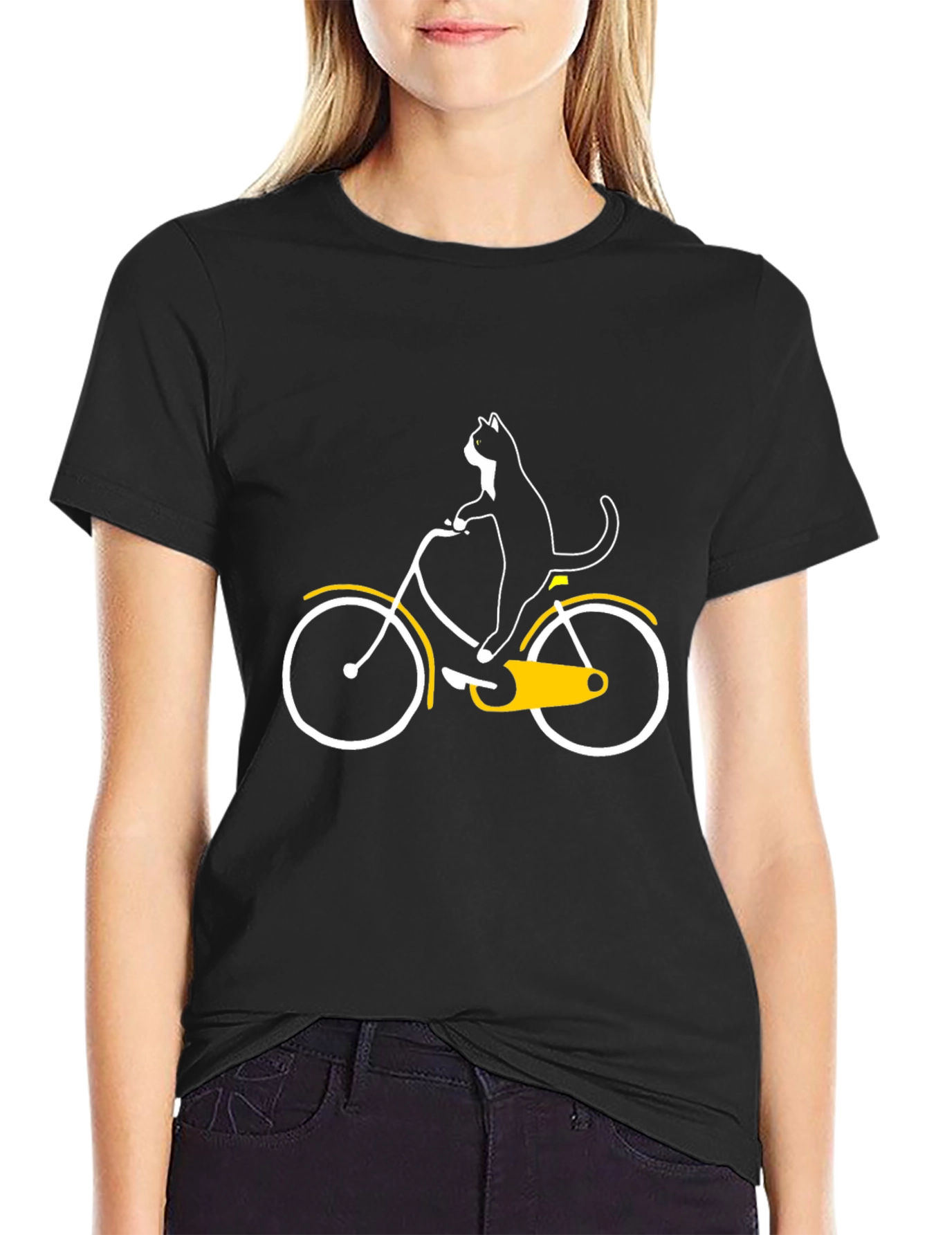 Cat on Bike Graphic Tee - Black Cotton T-Shirt