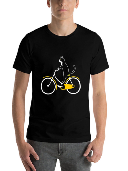 Cat on Bike Graphic Tee - Black Cotton T-Shirt