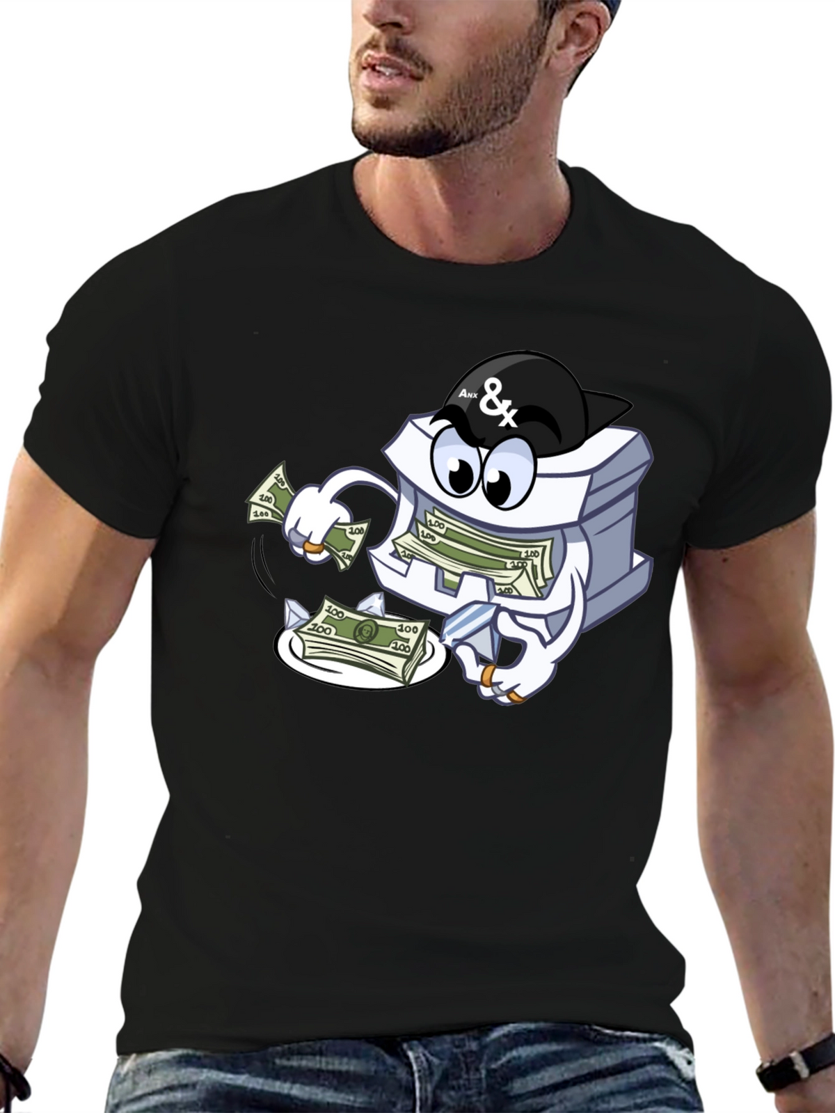Money Stack Cartoon Graphic Black T-Shirt