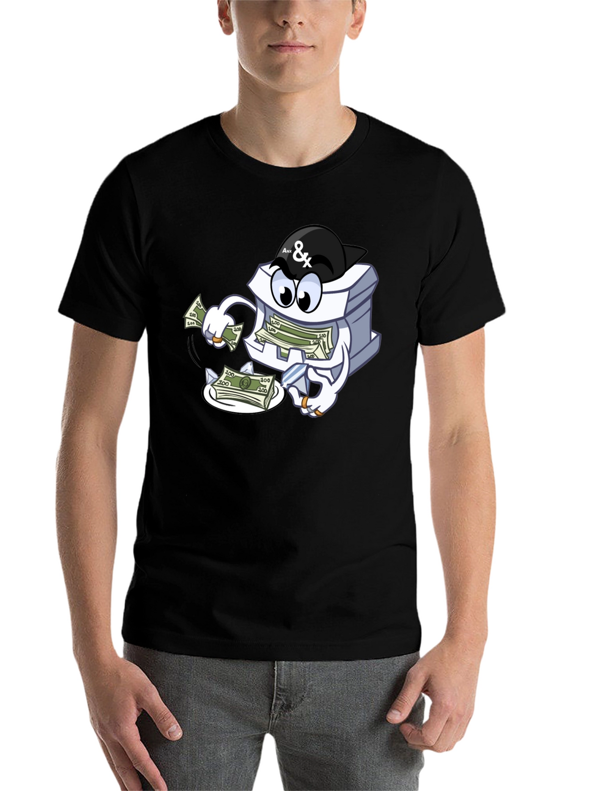 Money Stack Cartoon Graphic Black T-Shirt