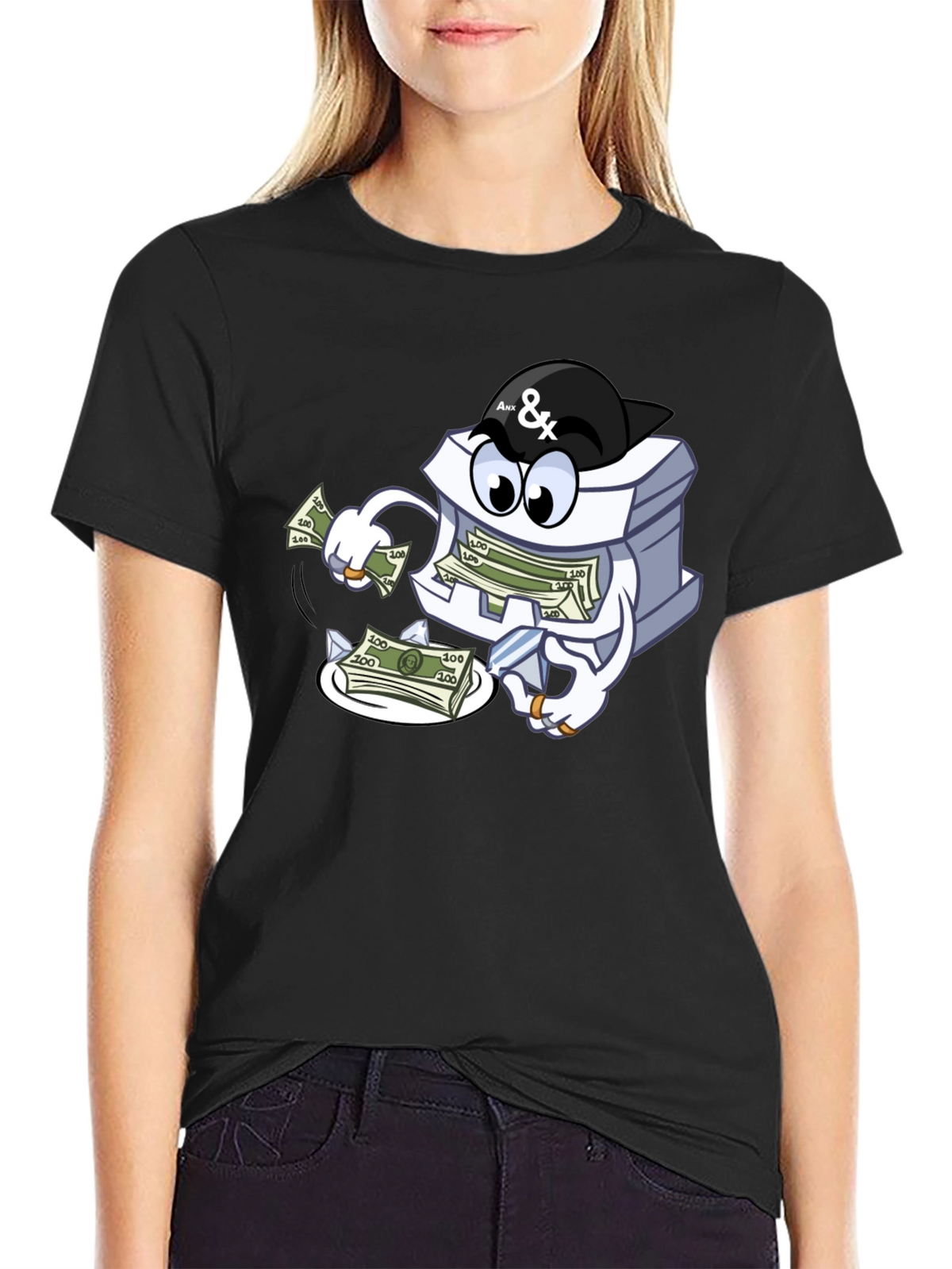 Money Stack Cartoon Graphic Black T-Shirt