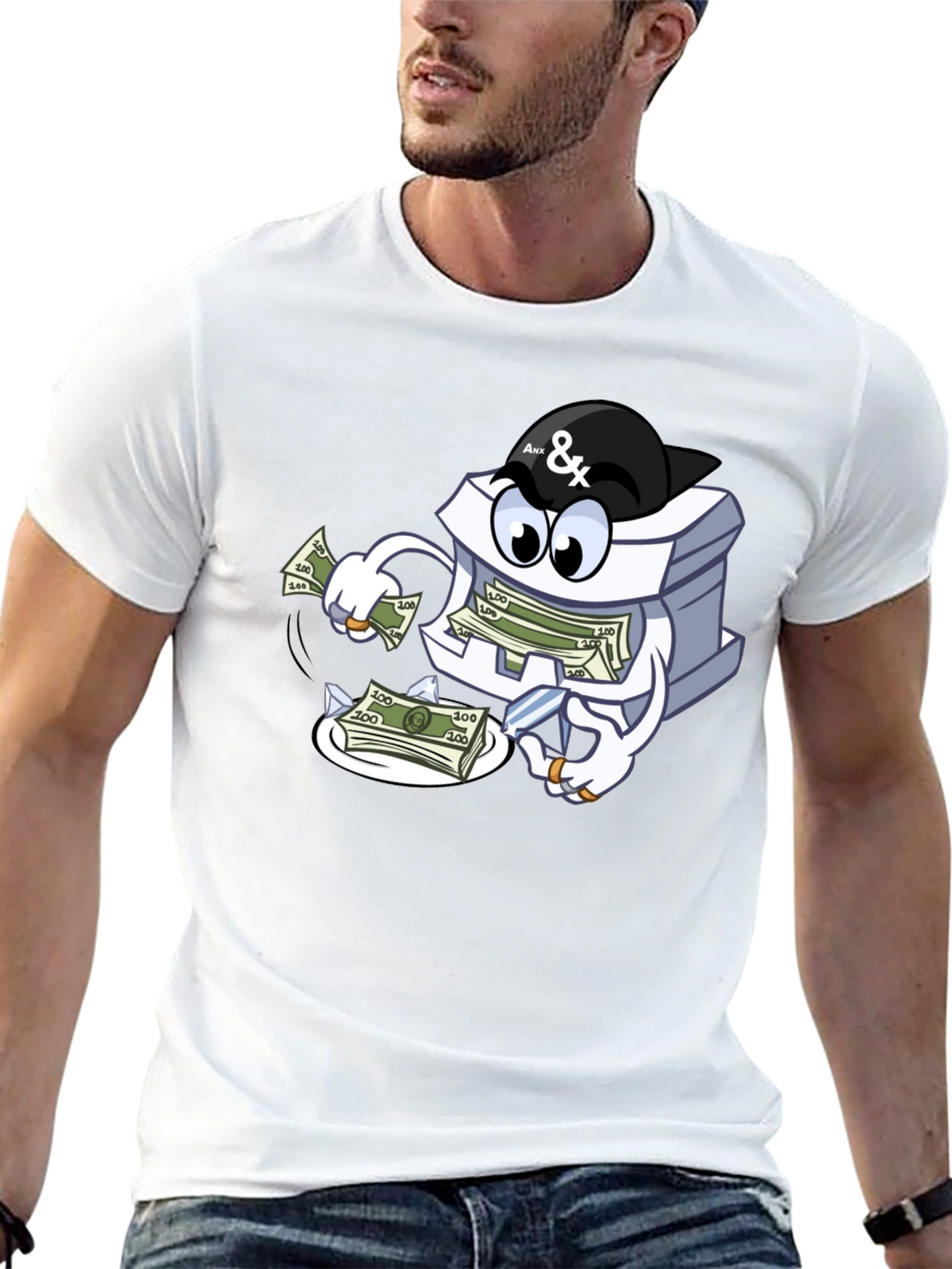 Money Stack Cartoon Graphic Black T-Shirt