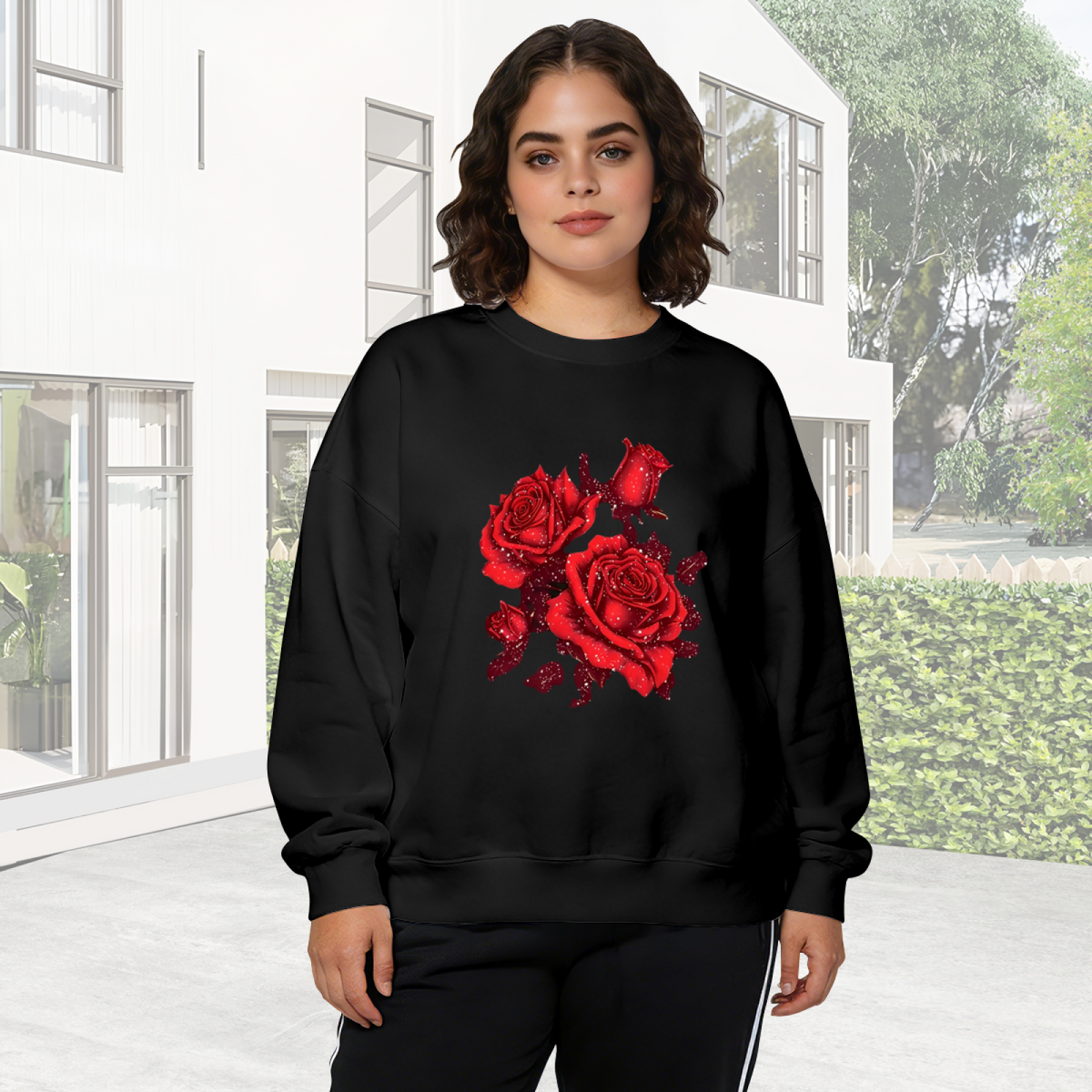 Sacred Heart Rosary Virgin Mary Graphic Black Crewneck Sweatshirt