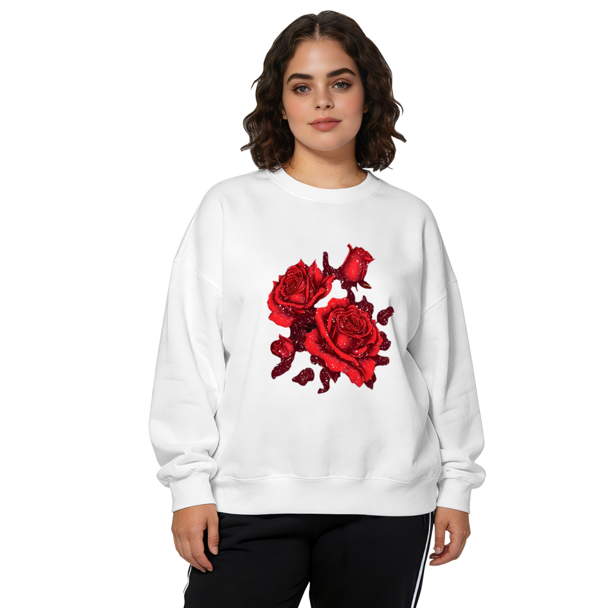Sacred Heart Rosary Virgin Mary Graphic Black Crewneck Sweatshirt