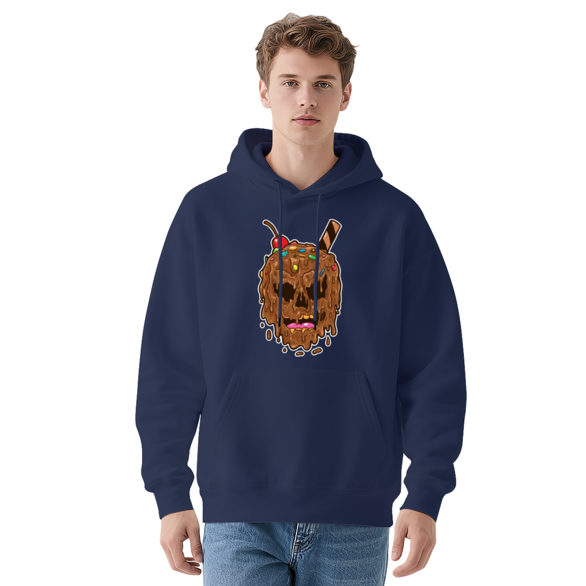 Melting Chocolate Ice Cream Skull Cute White Hoodie, Soft Unisex Sweet Style Top