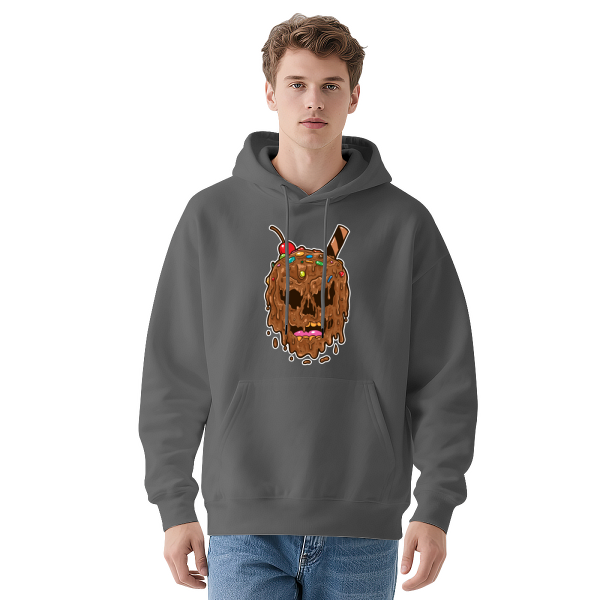 Melting Chocolate Ice Cream Skull Cute White Hoodie, Soft Unisex Sweet Style Top