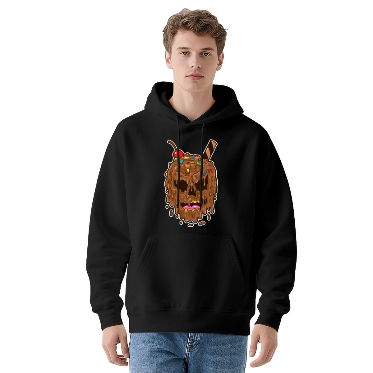 Melting Chocolate Ice Cream Skull Cute White Hoodie, Soft Unisex Sweet Style Top