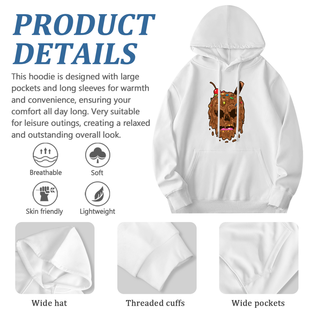 Melting Chocolate Ice Cream Skull Cute White Hoodie, Soft Unisex Sweet Style Top