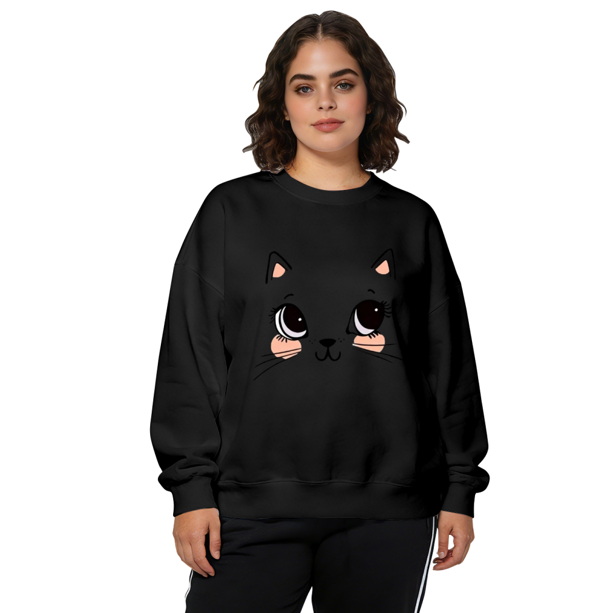 Adorable Big?Eye Cartoon Kitty White Crewneck Sweatshirt