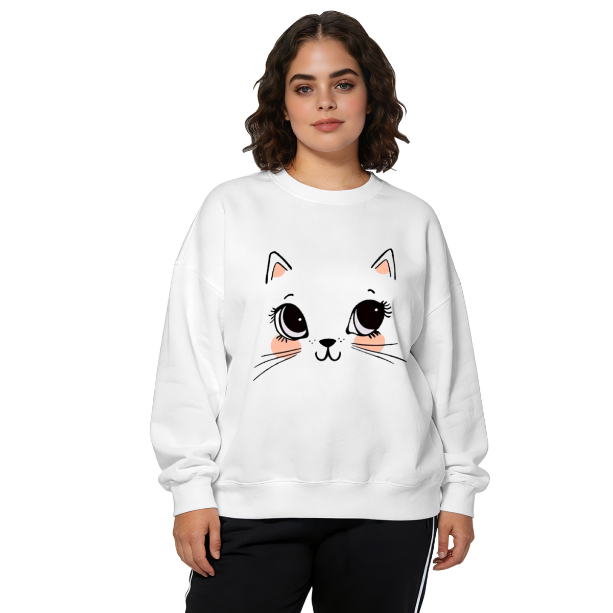 Adorable Big?Eye Cartoon Kitty White Crewneck Sweatshirt