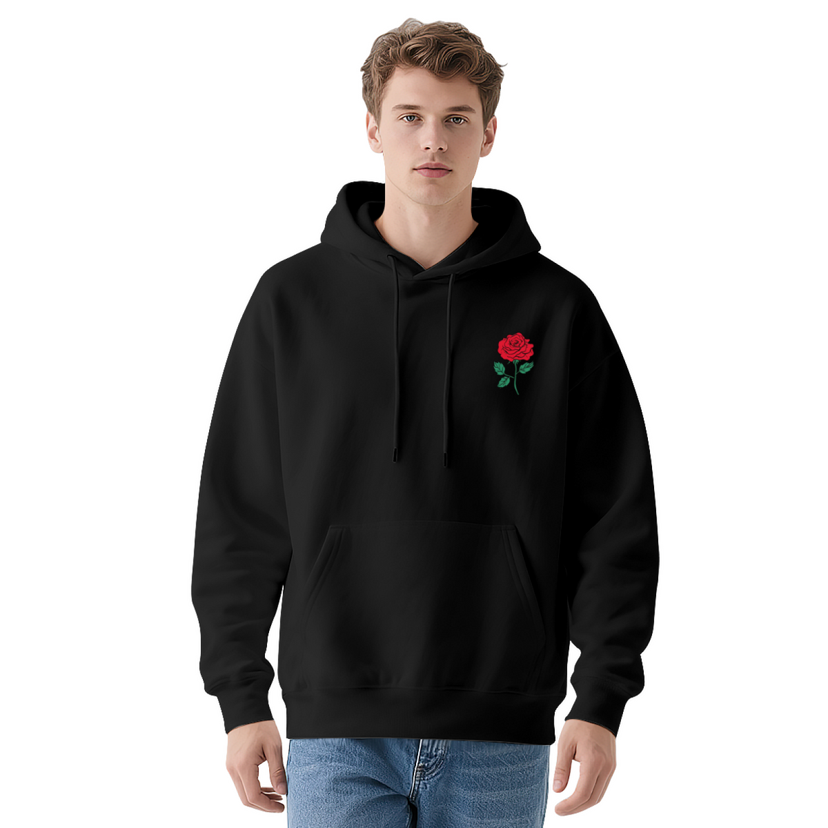 Minimalist Red Rose Chest Print Fashion Hoodie