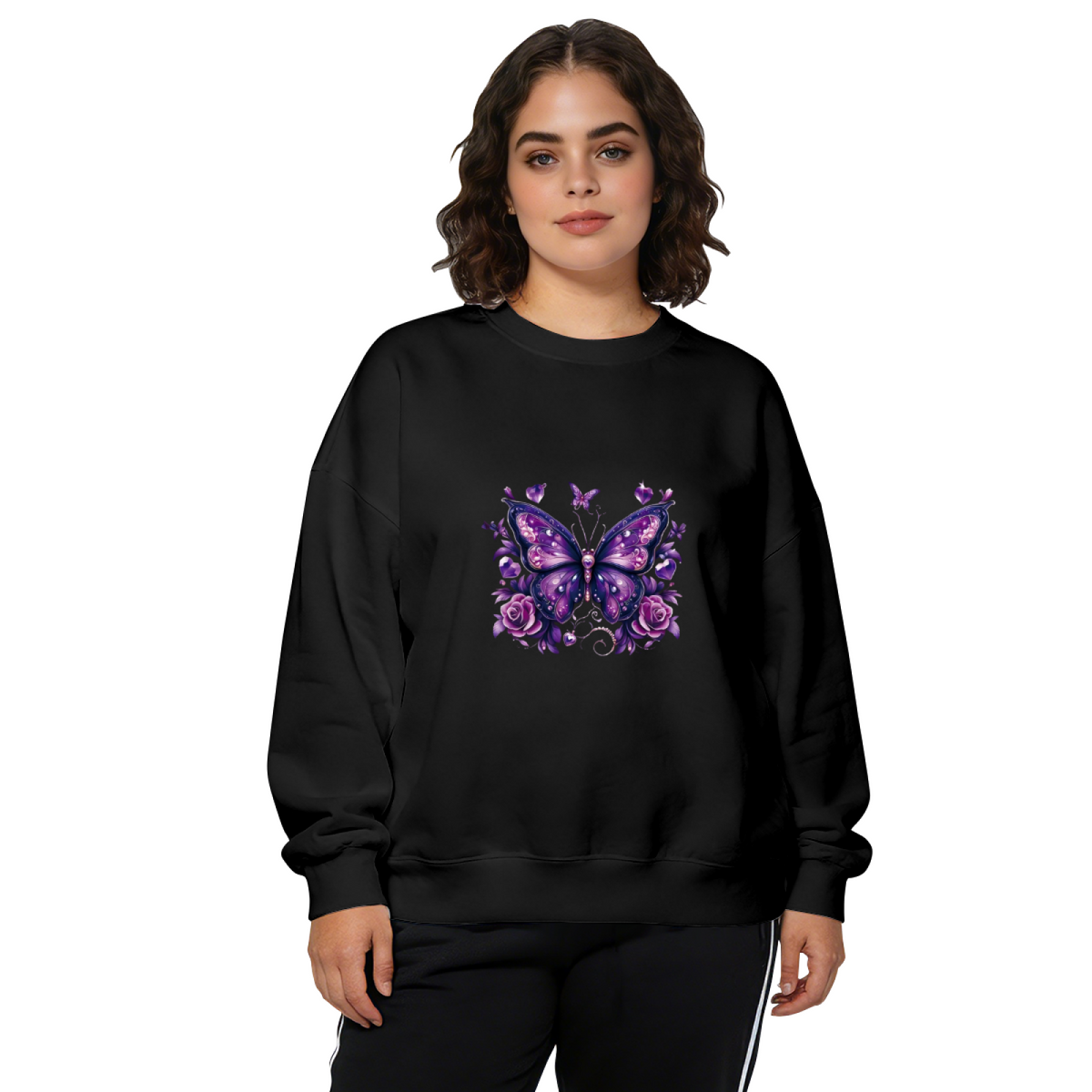 Glam Purple Butterfly & Rose Art Print Crewneck Sweatshirt