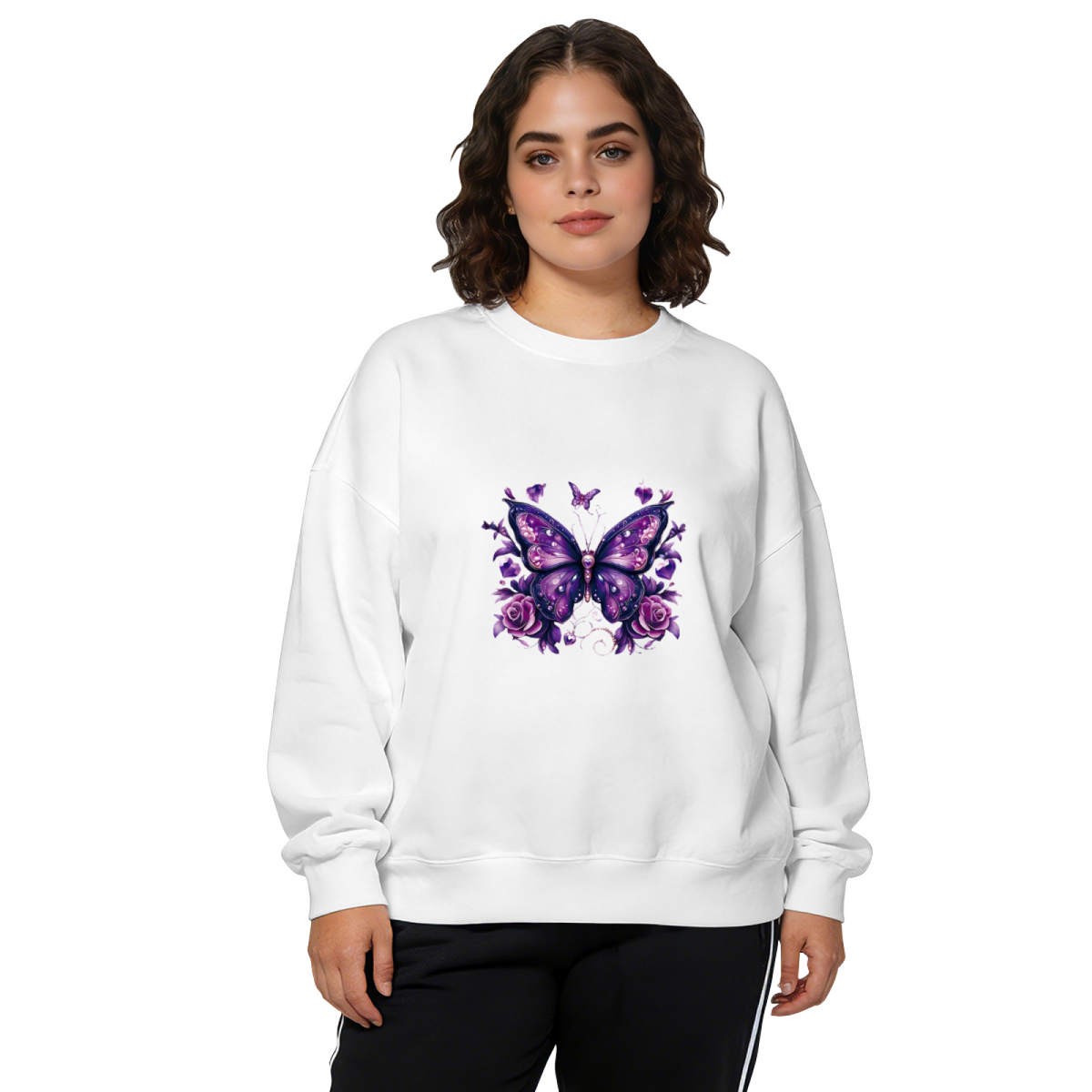 Glam Purple Butterfly & Rose Art Print Crewneck Sweatshirt