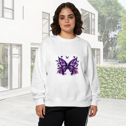 Glam Purple Butterfly & Rose Art Print Crewneck Sweatshirt