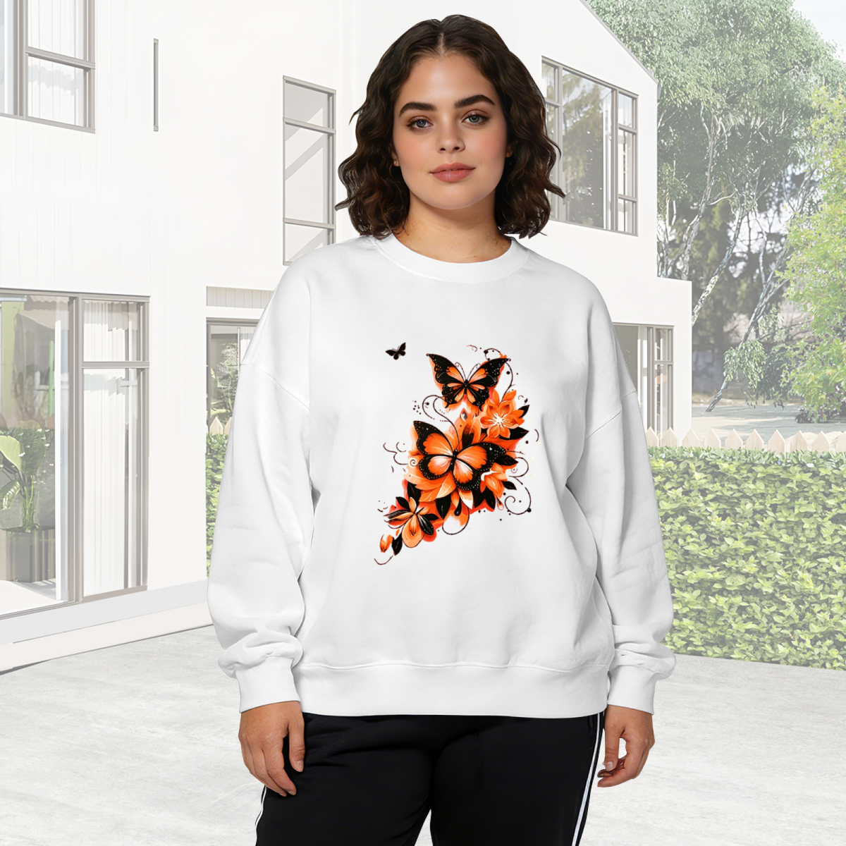 Stunning Orange Black Butterfly Floral Art Crewneck Sweatshirt