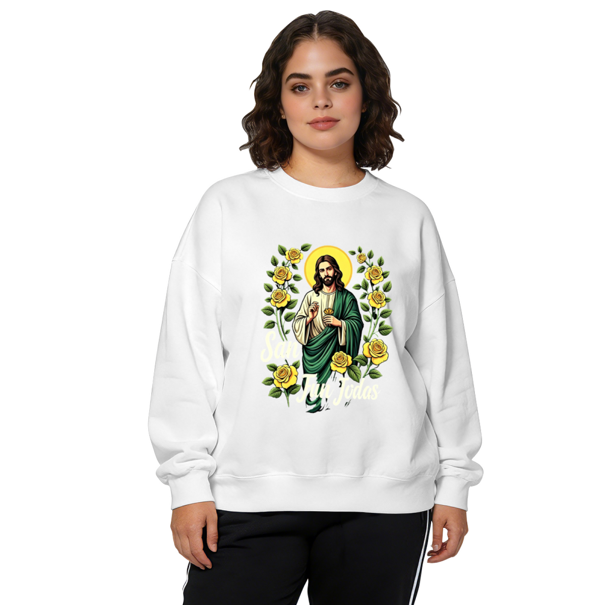San Judas Tadeo With Yellow Roses Religious Crewneck Sweatshirt