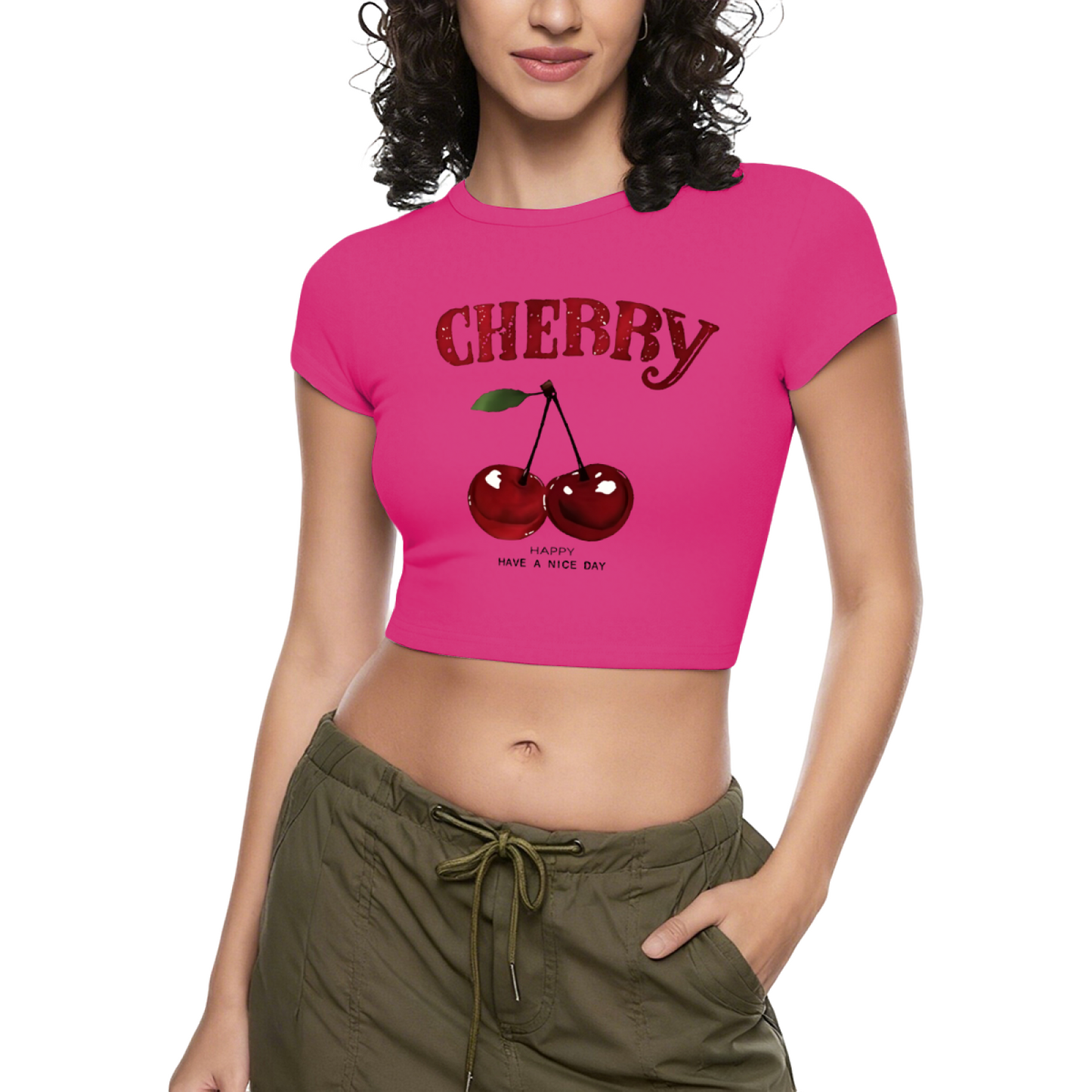 Juicy Cherry Glitter Red Crop Tee ¨C Retro Fruit Print Y2K Slim Fit Top