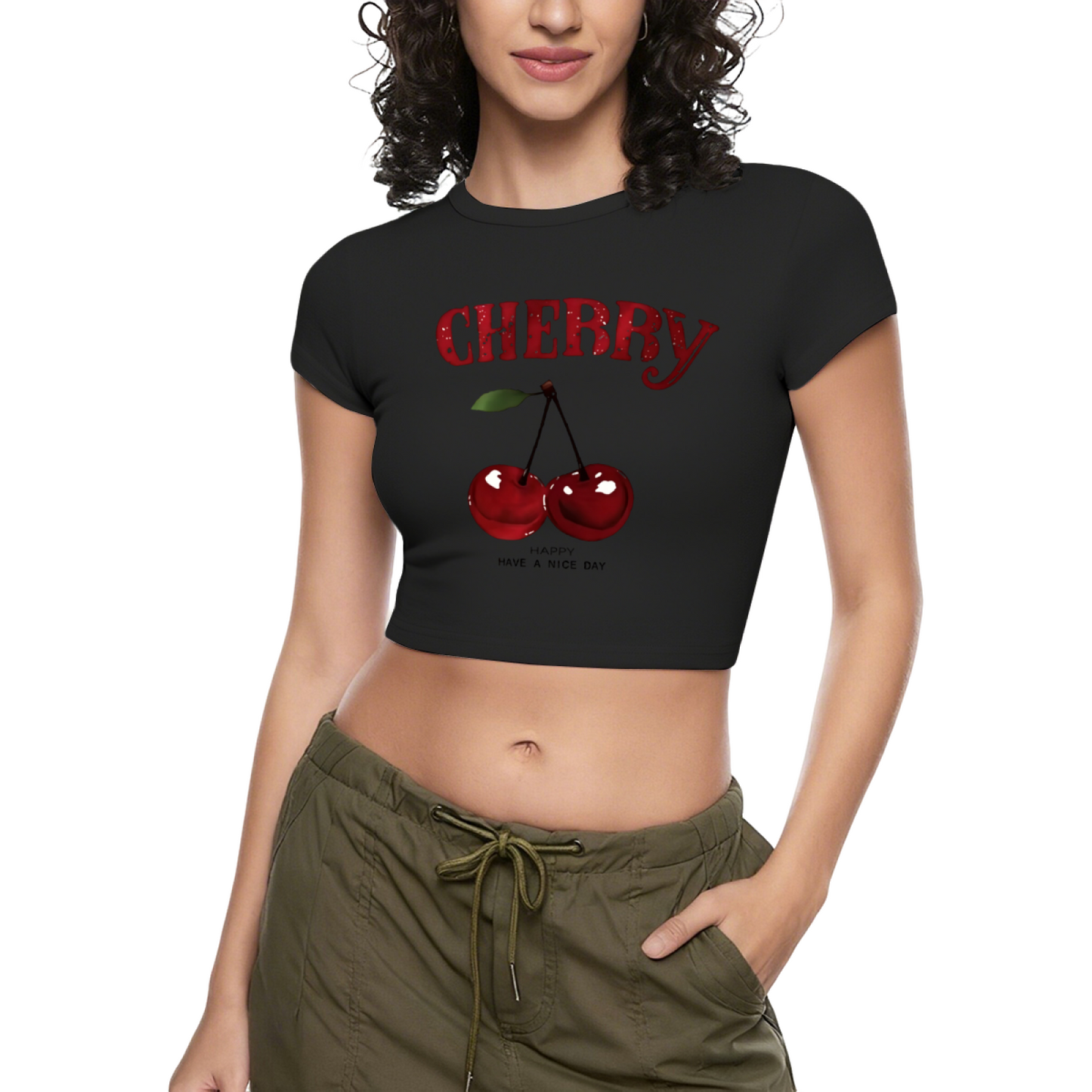 Juicy Cherry Glitter Red Crop Tee ¨C Retro Fruit Print Y2K Slim Fit Top