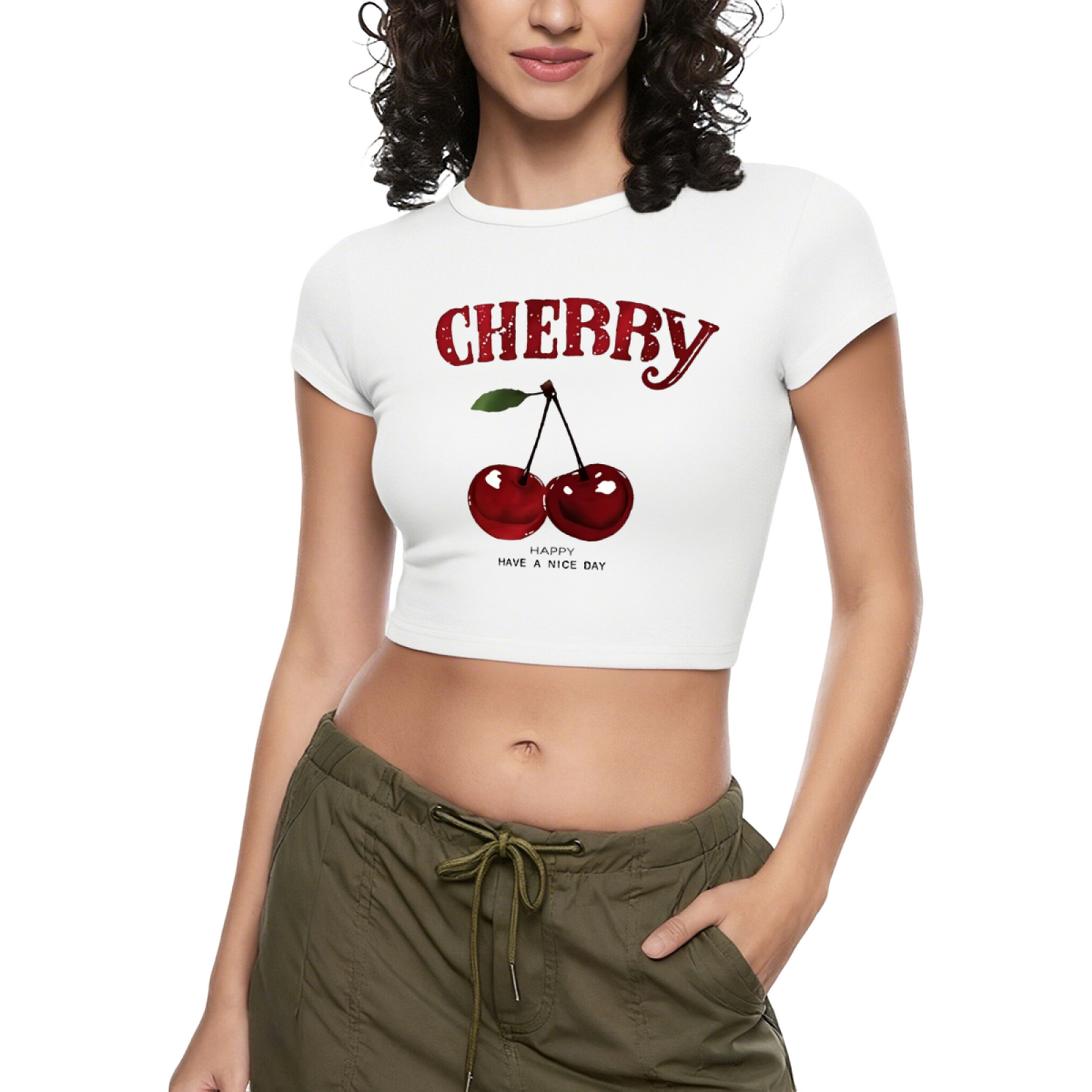 Juicy Cherry Glitter Red Crop Tee ¨C Retro Fruit Print Y2K Slim Fit Top