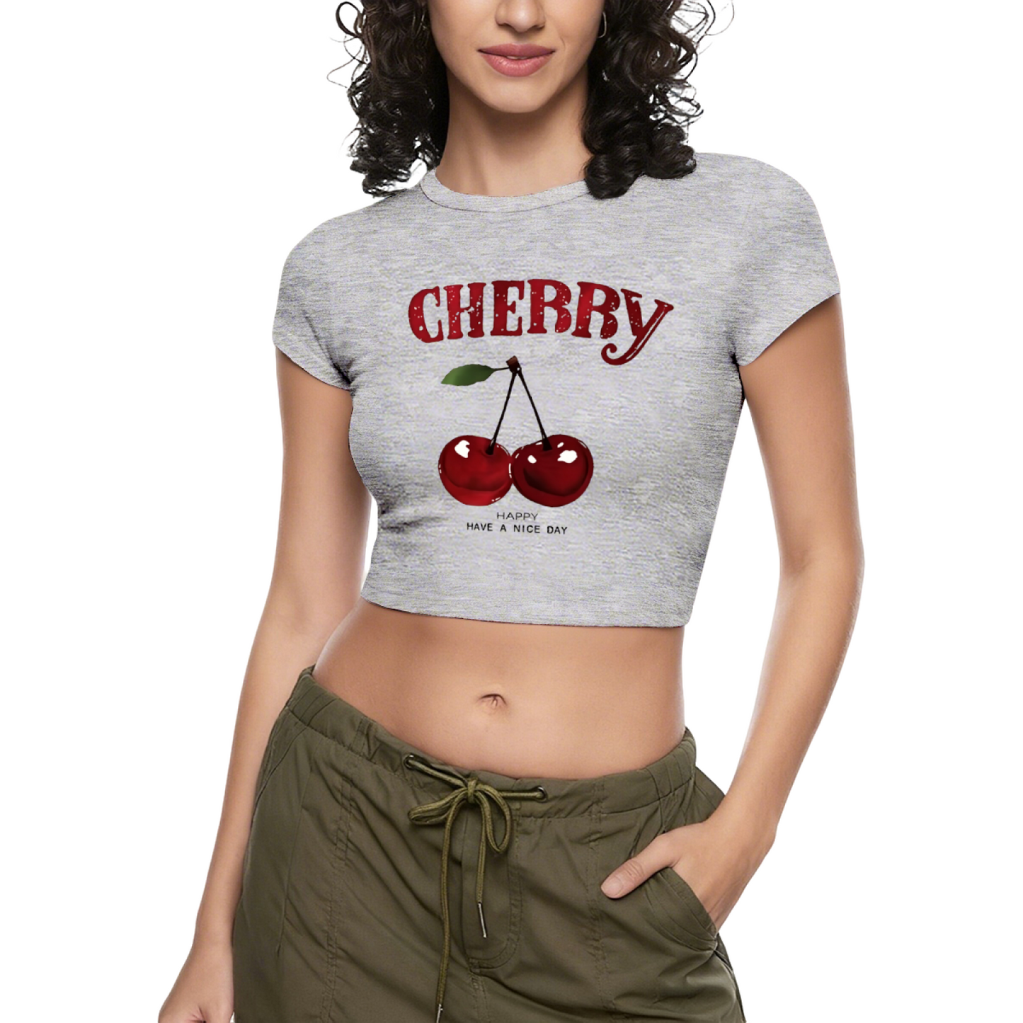Juicy Cherry Glitter Red Crop Tee ¨C Retro Fruit Print Y2K Slim Fit Top