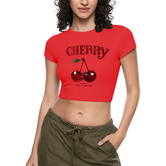 Juicy Cherry Glitter Red Crop Tee ¨C Retro Fruit Print Y2K Slim Fit Top