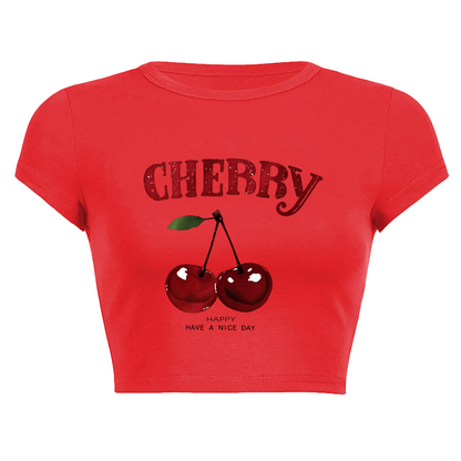 Juicy Cherry Glitter Red Crop Tee ¨C Retro Fruit Print Y2K Slim Fit Top