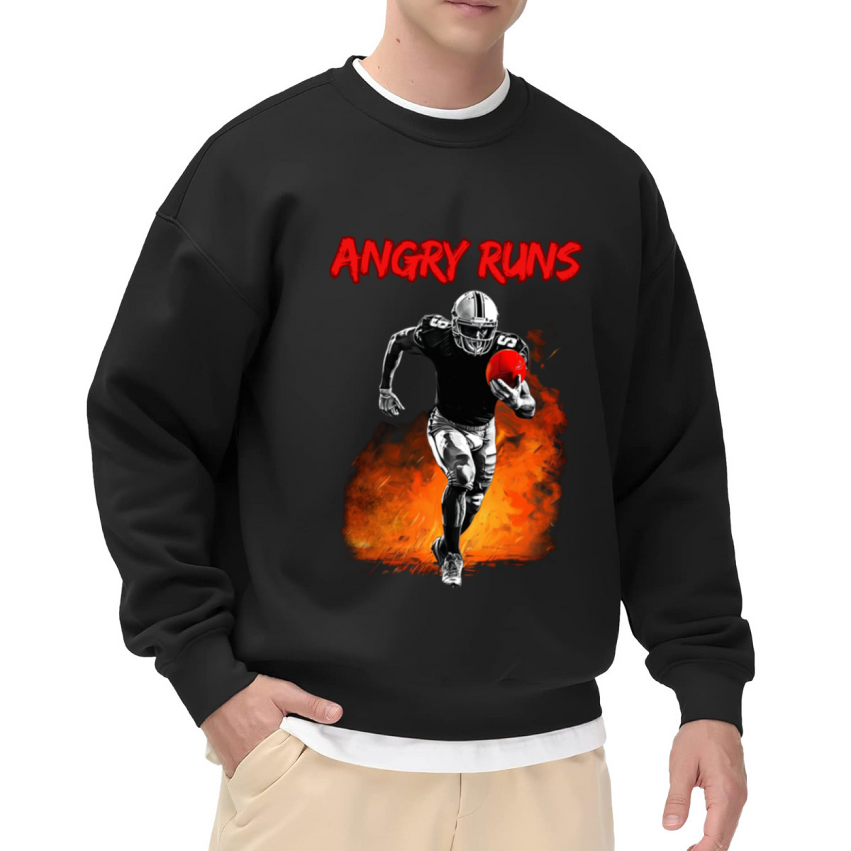 Angry Runs Football Player Sport Fan Graphic Crewneck Sweatshirt