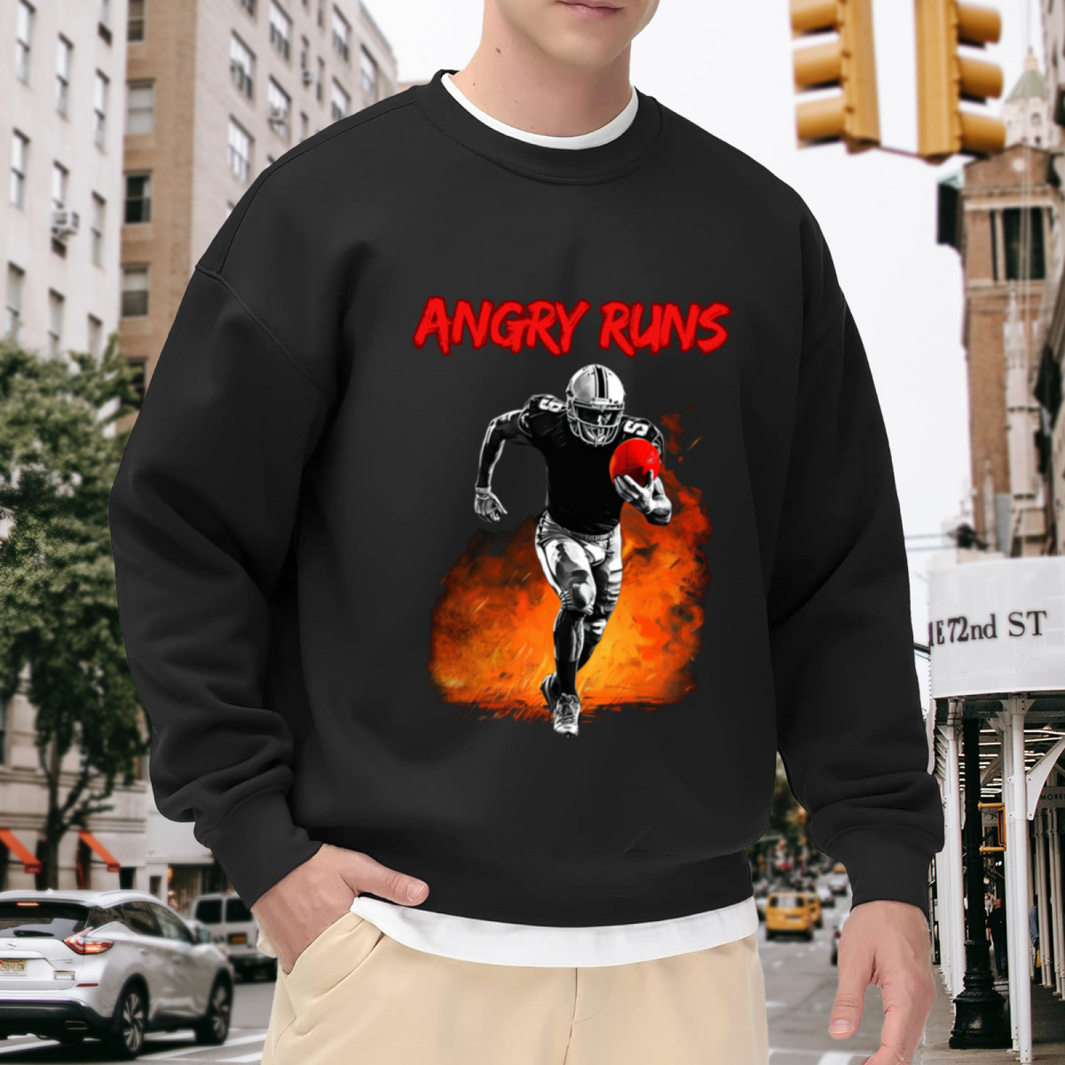 Angry Runs Football Player Sport Fan Graphic Crewneck Sweatshirt