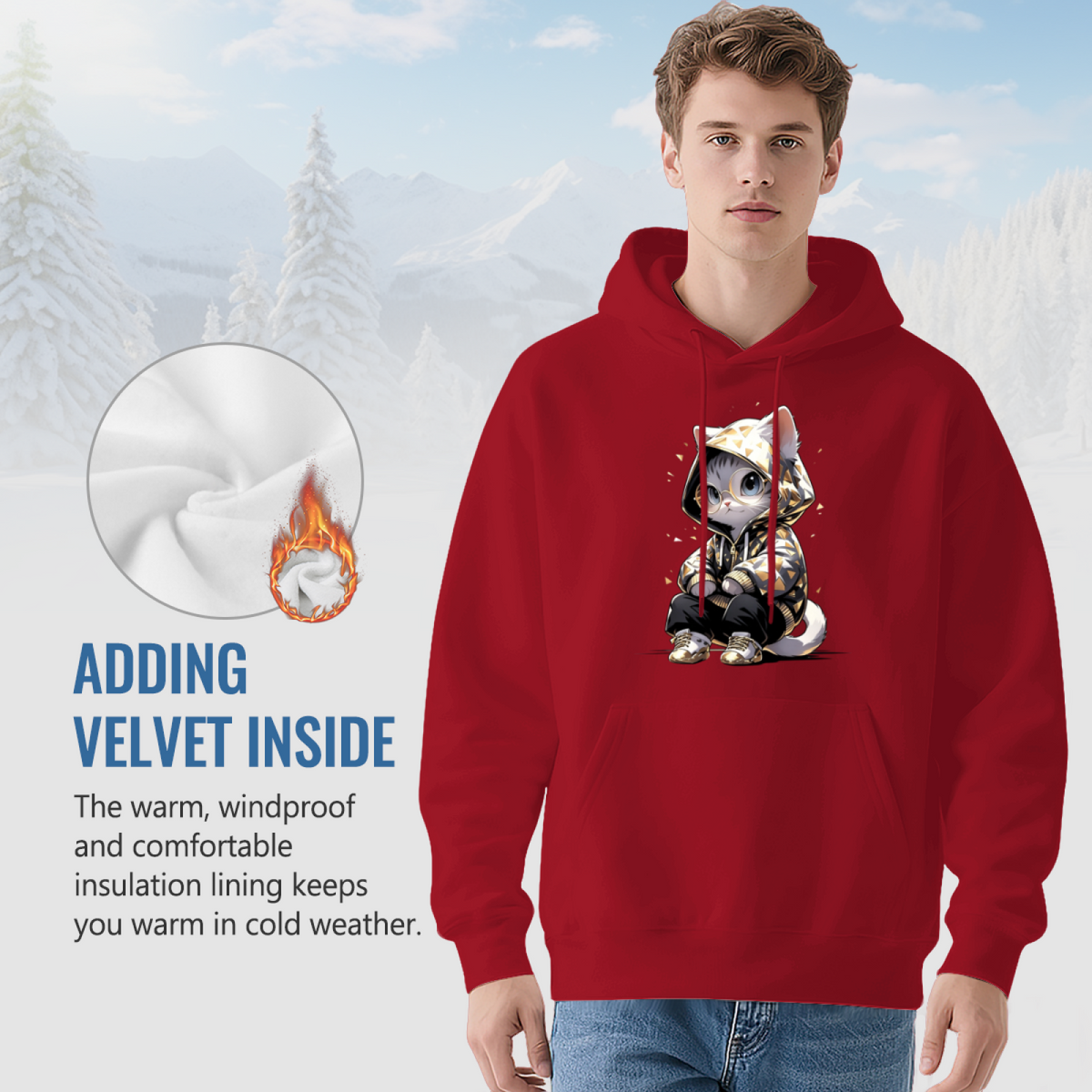 Hip?Hop Style Cool Kitty Red Hoodie