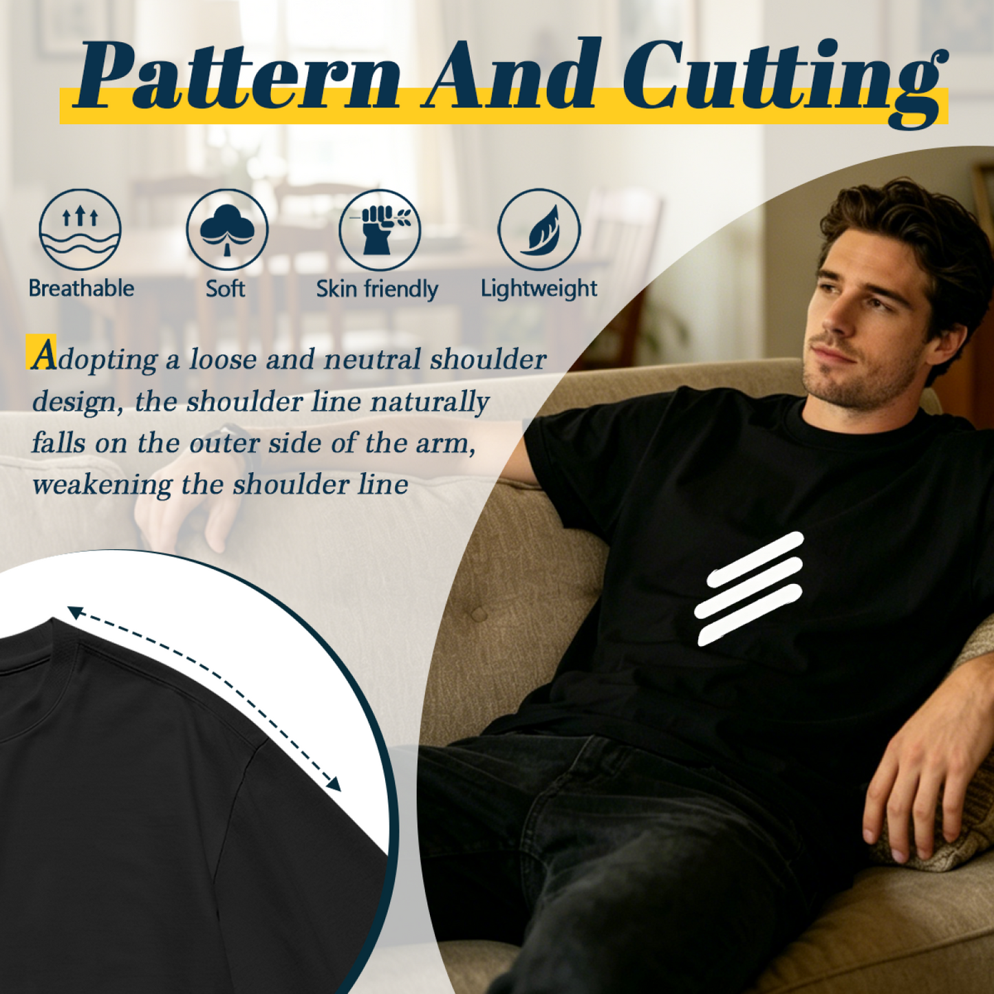 Men's Three Slash Minimal Simple Line Streetwear Basic T-Shirt